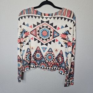 Gaze Sweater Womens Medium Aztec Tribal Stretchy Thin Ivory Orange Blue Fall